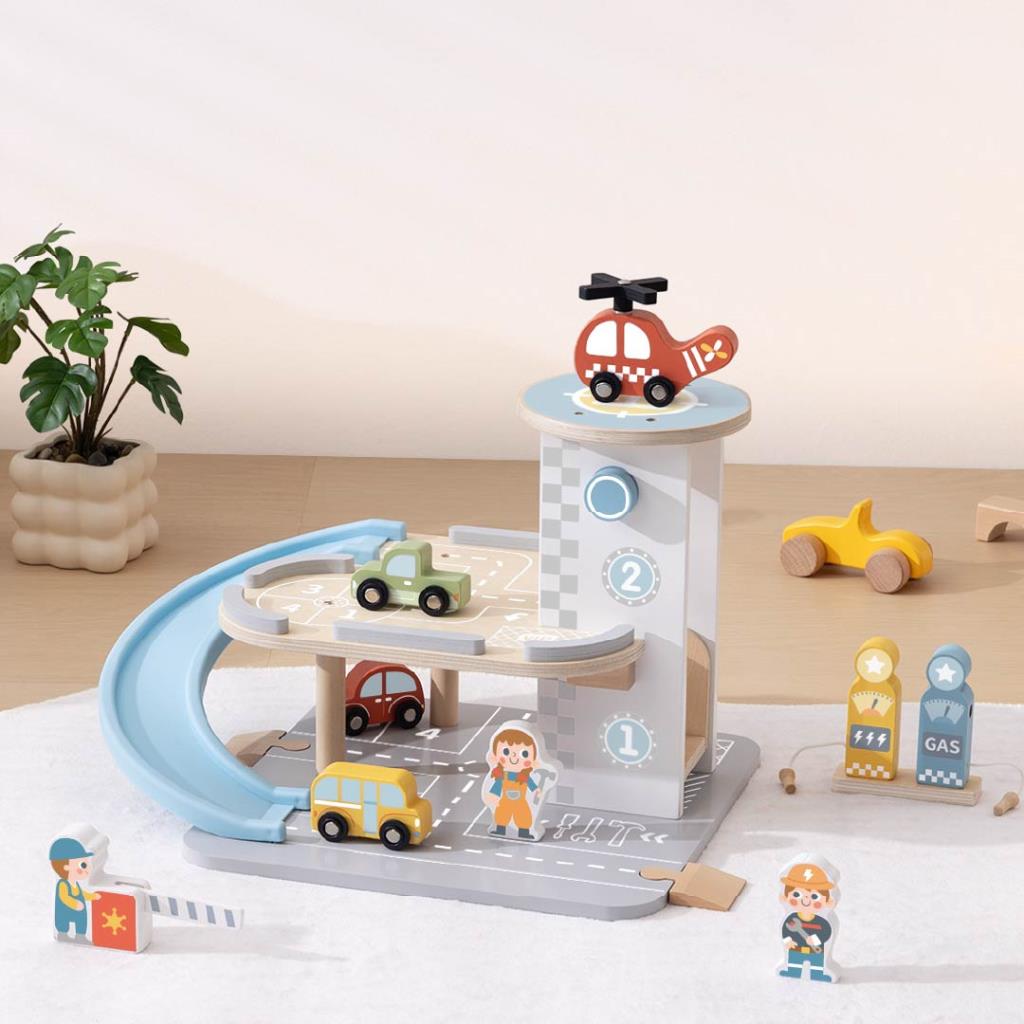 Wooden Parking Garage Playset with Vehicles
